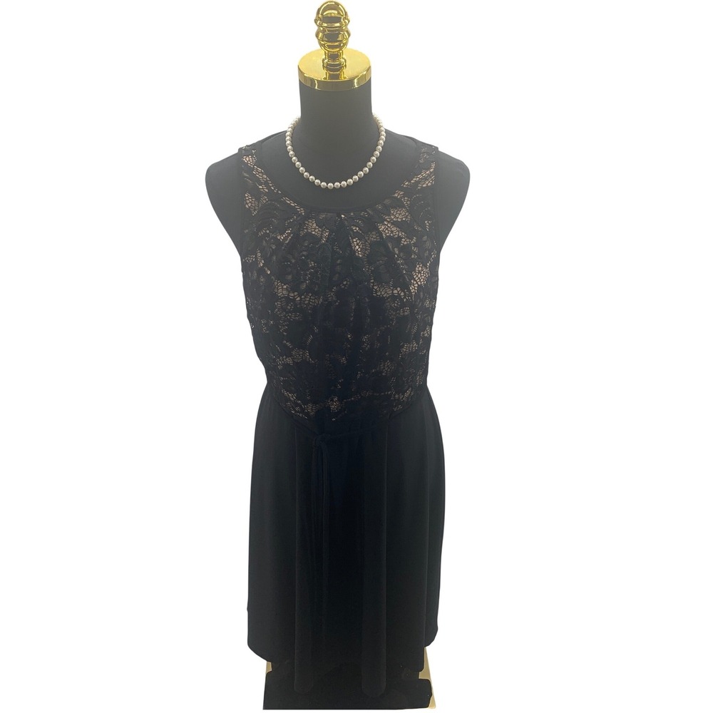 Dressbarn Black Lace Bodice Sleeveless Cocktail Dress Size 12 Tie Waist Evening